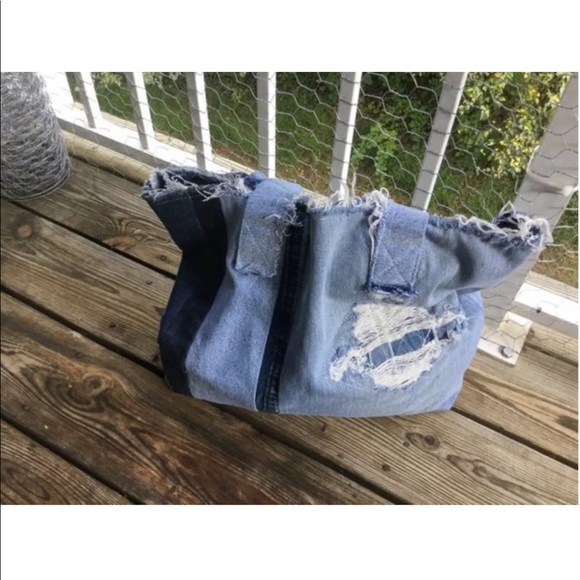 Upcycled Denim Jeans Distressed Hobo Rag Bag - Picture 2 of 8